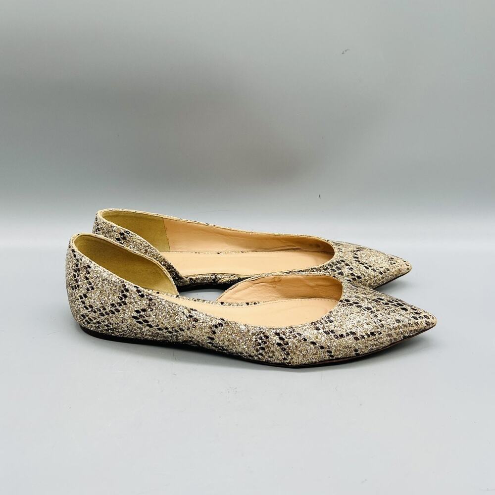 J Crew Shoes Womens 7.5 Gold Glitter Snakeskin Print Ballet Flats Pointed Toe
